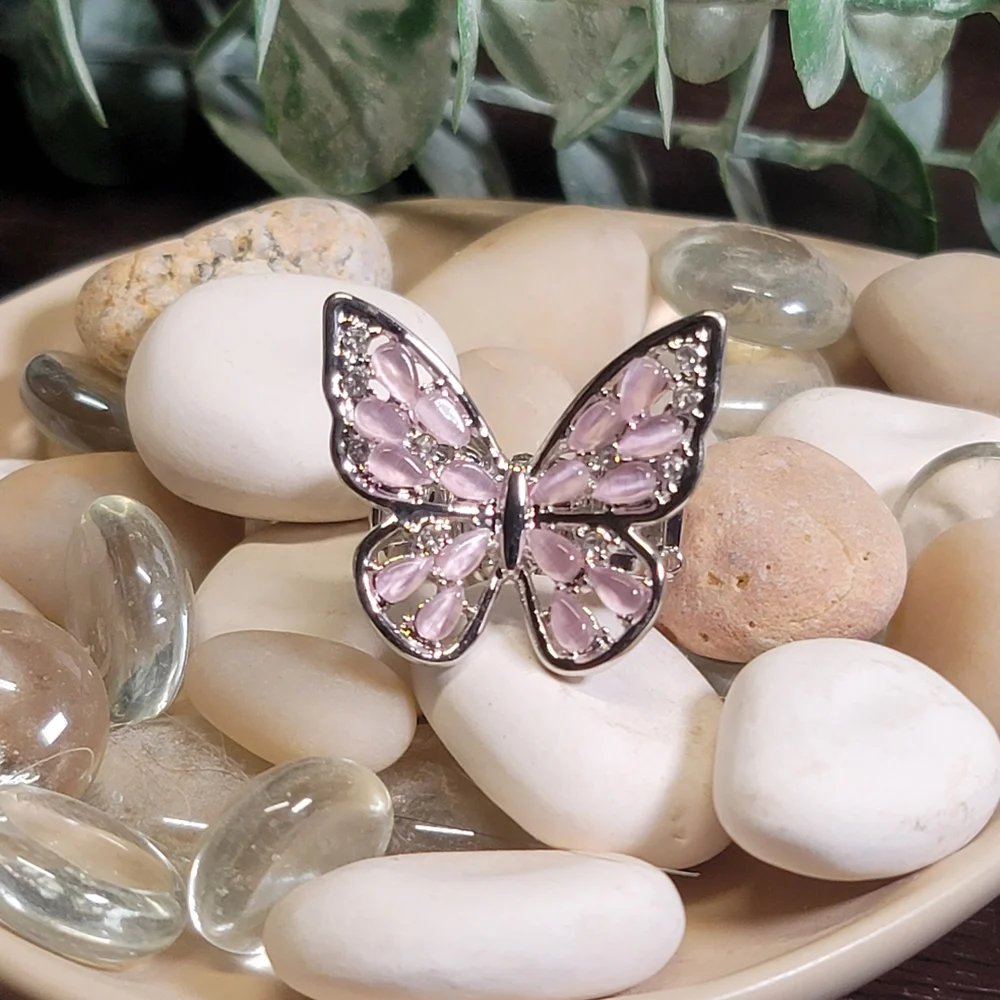 Elegant Butterfly Pink Cat's Eye Ring - Picture 1 of 1